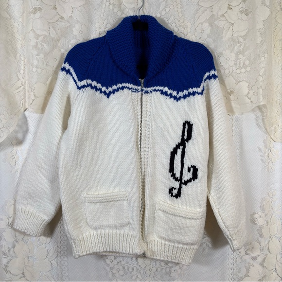 Vintage 70s Cowichan Blue and White Zip-Up Cardigan Music Dancer Size Medium - Picture 3 of 9